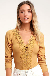 No Pinterest - Lulus | Come Back To You Mustard Yellow Lace Long Sleeve Bodysuit | Size Large | 100% Polyester