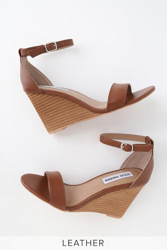 Lulus | Mary Cognac Leather Wedge Sandal Heels | Size 10